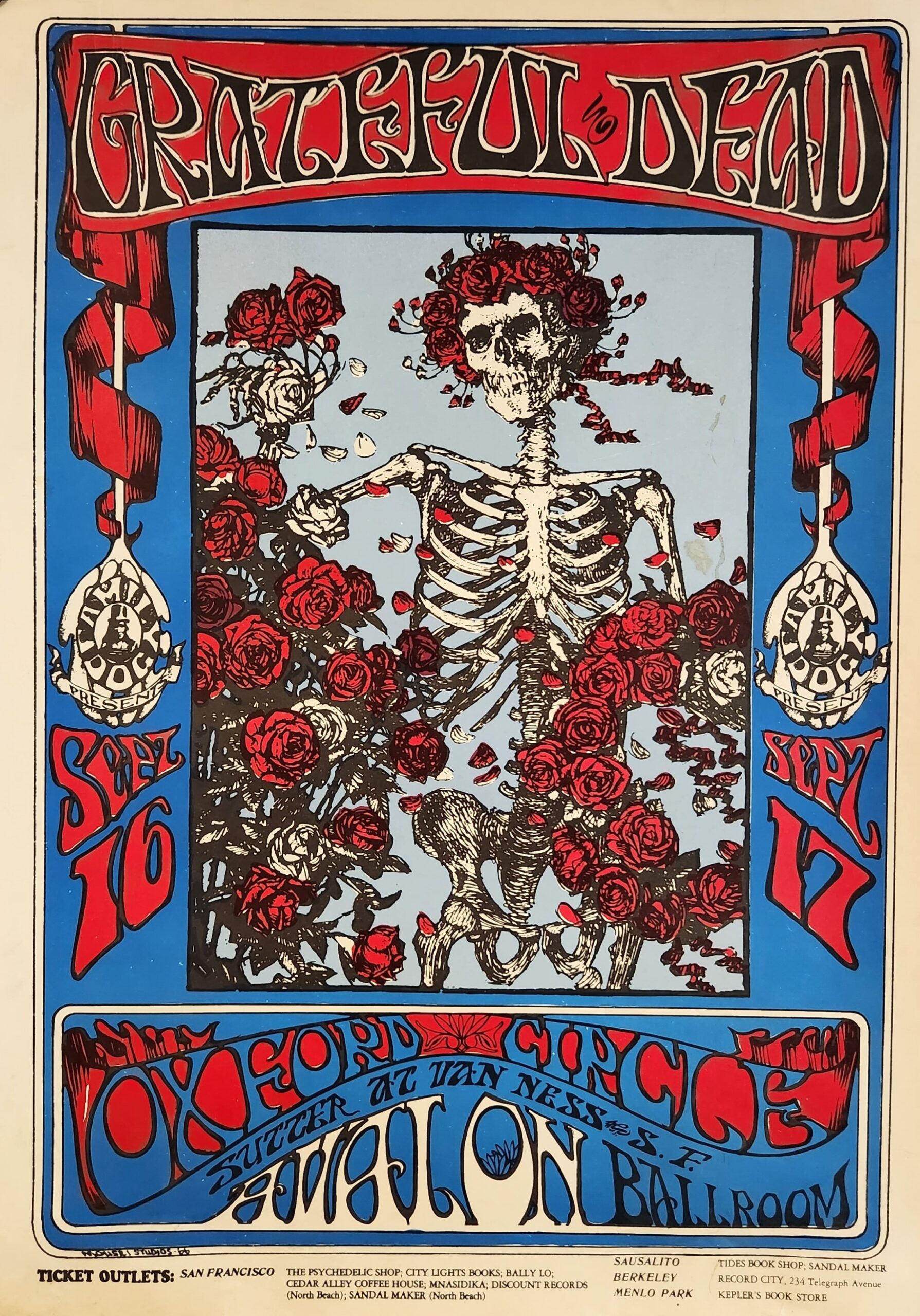 Original 1966 Grateful Dead Oxford Circle Skeleton & Roses Avalon Ballroom  September 16 & 17 1966 Concert Poster Misprint Stanley Mouse and Alton  Kelley - CHECKERED RECORDS